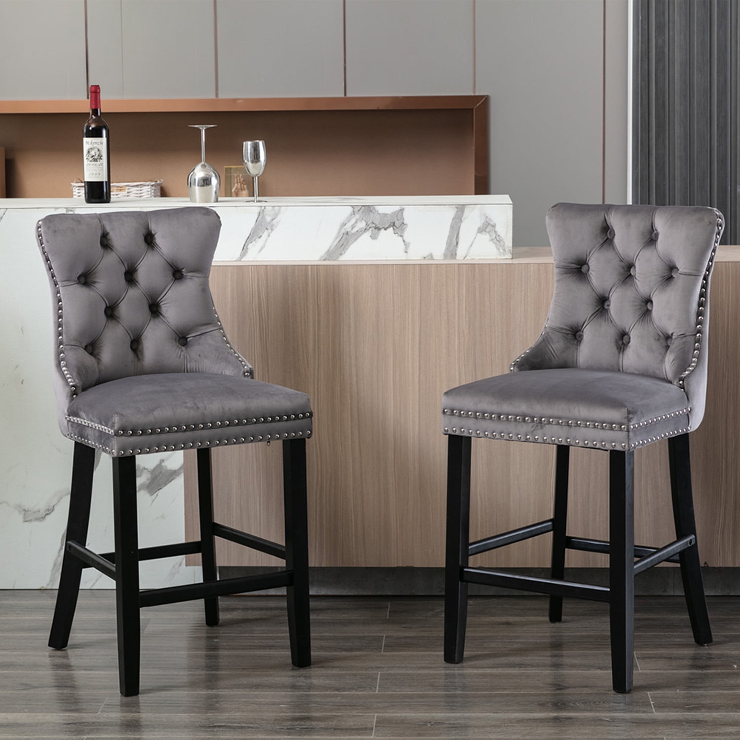 Demi Bonn 40" Counter Height Bar Stools Set of 2, Velvet Upholstered Barstools with Back, Kitchen Island Countertop Chairs for Dining Room, Gray