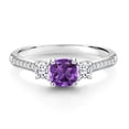 thumbnail image 3 of Gem Stone King 925 Sterling Silver Cushion Purple Amethyst and White Moissanite 3 Stone Engagement Ring for Women (0.87 Cttw, Gemstone February Birthstone, Available in Size 5, 6, 7, 8, 9), 3 of 6