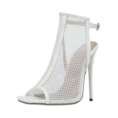 

Mackneog Ladies Solid Color Open Mesh Yarn Breathable Sandals Thin High Heels Gift on Clearance
