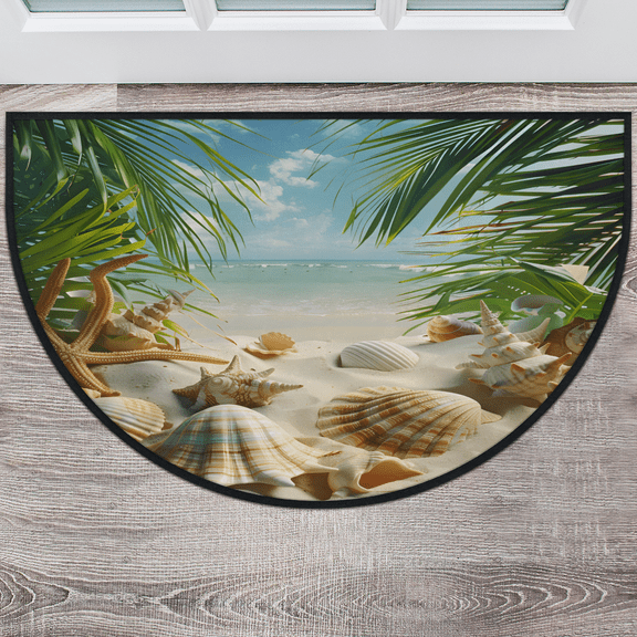CURLYOOT Ocean Half Round Door Mat 40'' x 63'', Indoor Outdoor Entrance Rug, Semi Circular Area Rug, Non Slip Washable Absorbent Doormat, Seashell Palm Tree Laundry Room Rug
