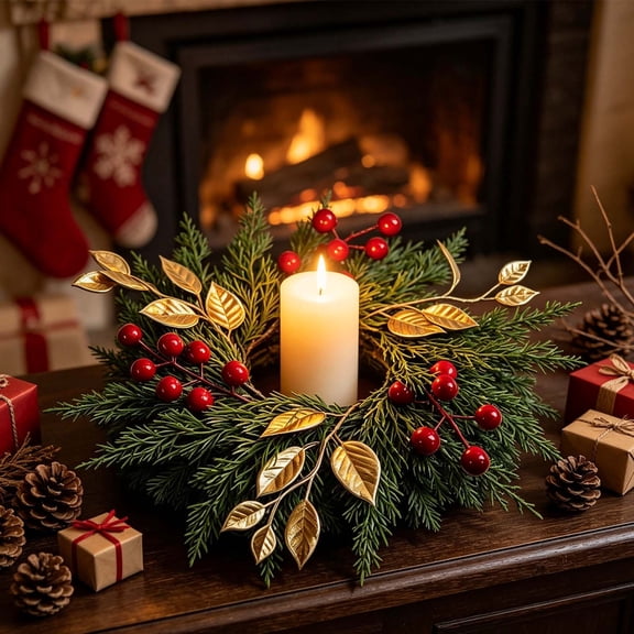 Christmas Golden Leaf Candle Ring, Festive Banquet Table Decor, Red Berry Pinecone Mini Wreath, Biomimetic Floral Centerpiece, Wreath For Dining Table Candleholder