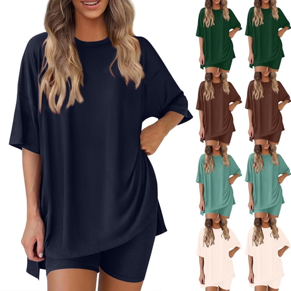 HBGVBA Women 2 Piece Outfits,Casual Matching Set,Summer Solid Color Crew Neck Elbow Sleeve Top Shorts Casual Outfit Set