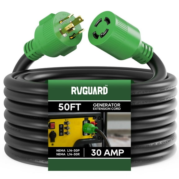 RVGUARD 4 Prong 30 Amp 50 Foot Generator Extension Cord, NEMA L14-30P/L14-30R, 125/250V Up to 7500W 10 Gauge SJTW Cord with Organizer, ETL Listed