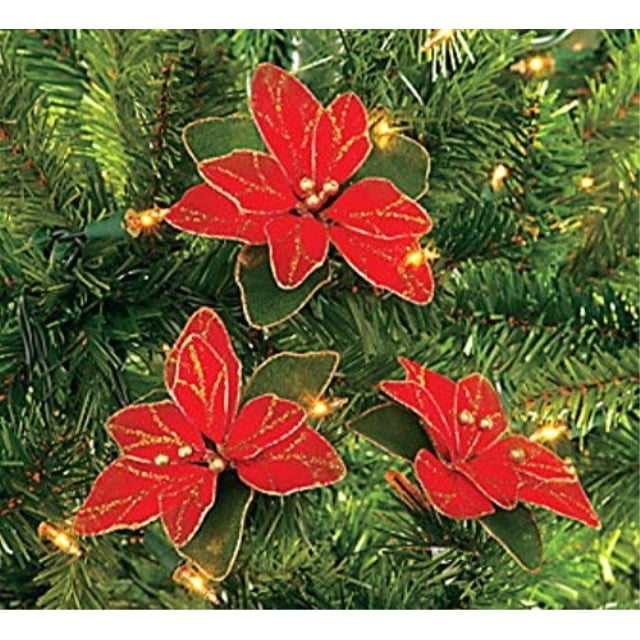 red glitter poinsettia christmas tree ornaments ( 2 dozen per order