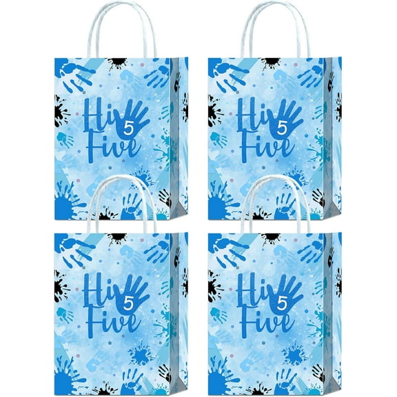 20 Pieces Hi Five Birthday Party Favors Bags,Blue 5th Birthday Gift Snacks Treat Candy Party Favors Bags with Handles for High Five 5 Year Old Birthday Party Decorations