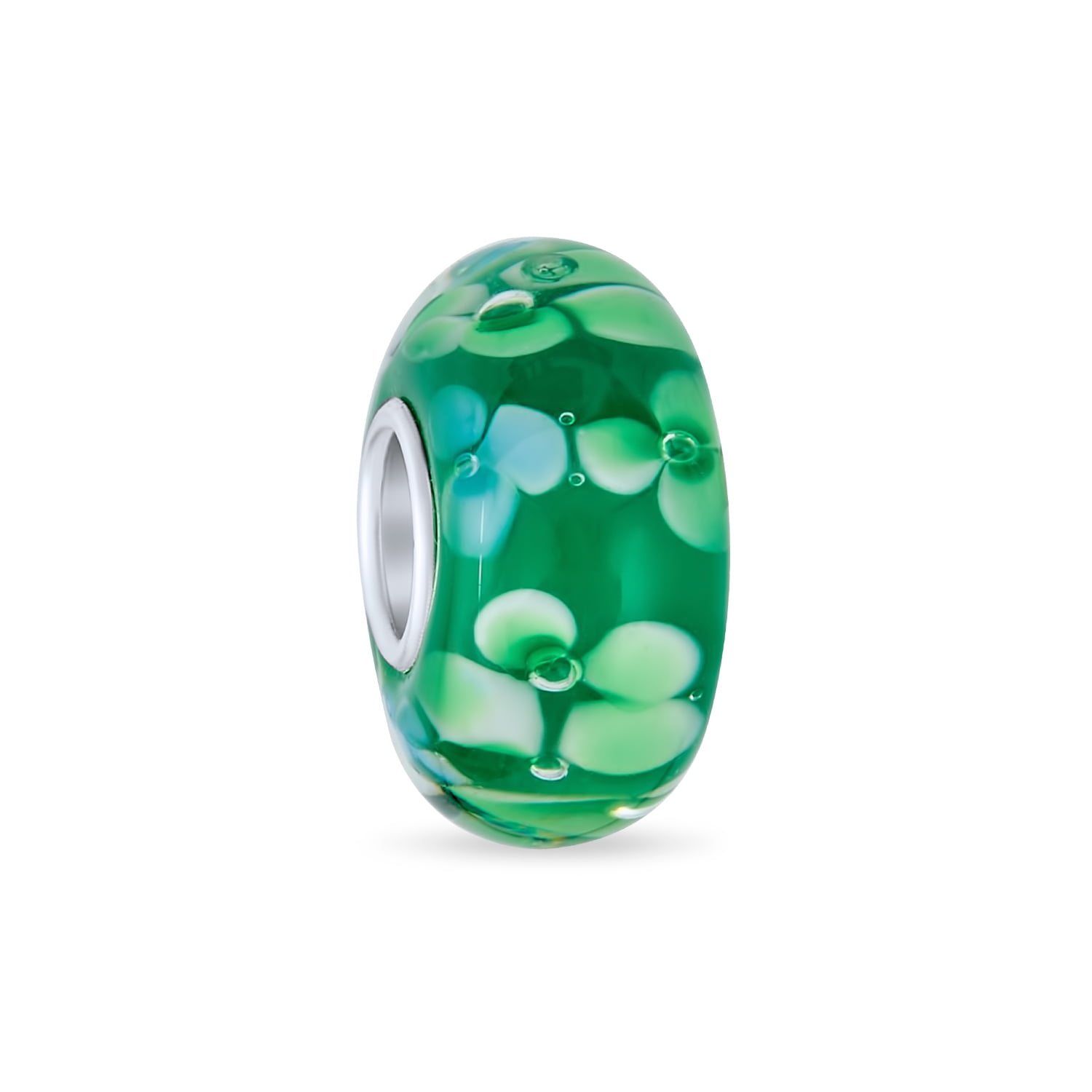Solid 925 Sterling Silver Green with White and Green Swirls Design Glass Charm Bead for European Snake Chain Bracelets