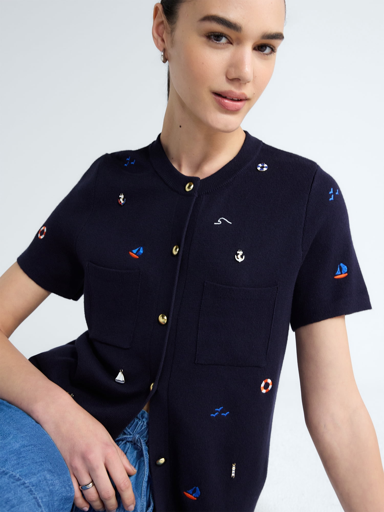 Free Assembly Women's and Women's Plus Embroidered Cardigan Sweater with Short Sleeves, Sizes XS-4X