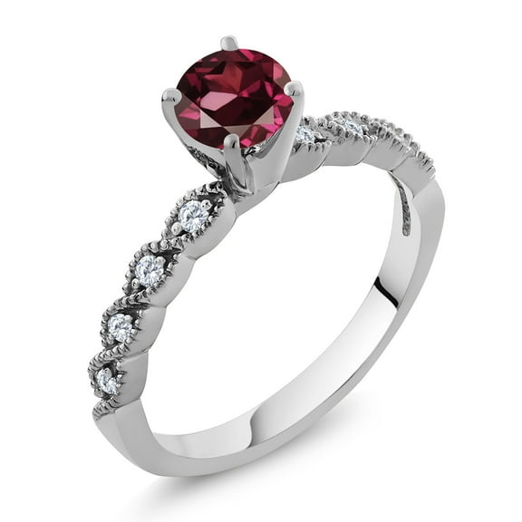 Gem Stone King 925 Sterling Silver Ring Round Red Rhodolite Garnet and Moissanite (1.12 Cttw, Size 5)