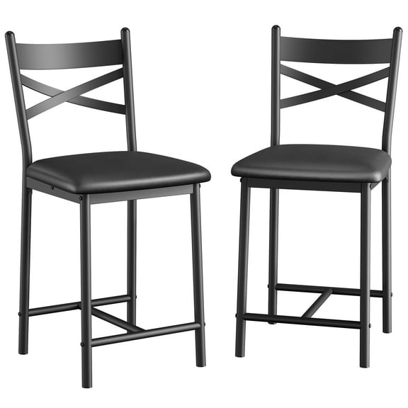 Garvee Counter Height Bar Stools Set of 2, Modern PU Leather Bar Chairs with Metal Legs & Backrest, Cushioned Seat for Kitchen Island, Dining Room, Coffee Shop, Black