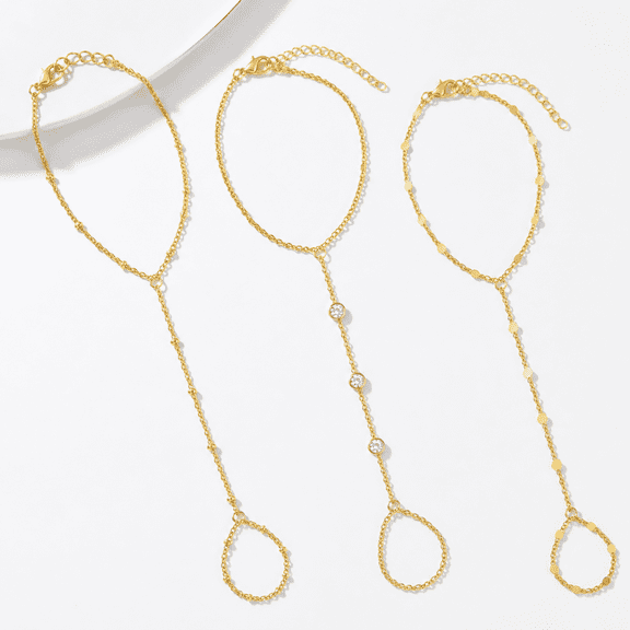 3PCS 14K Gold Plated Hand Chain & Ring Bracelets Set for Women - Adjustable Dainty Stackable Gold Jewelry, Festival & Party Accessories