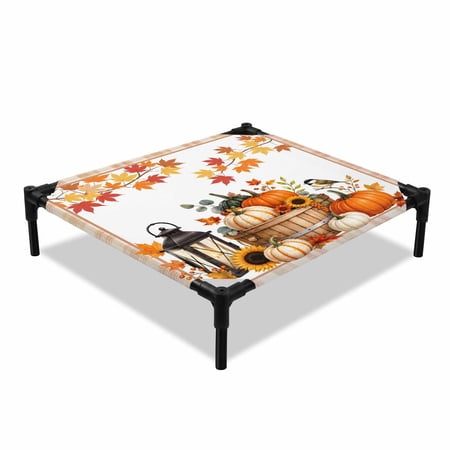 Hello Fall Pumpkin Elevated Dog Bed Rustic Orange Red Maple Leaf Berry Sunflower Plaid Cooling Breathable Outdoor Raised Dog Cot Bed with Metal Frame Non-Slip Feet for Small Dog 20x20in