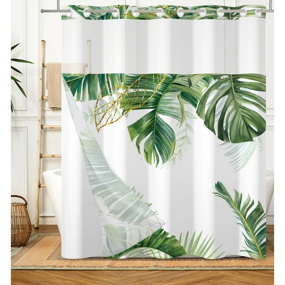 Mizhona Tropical Palm No Hooks Shower Curtains with Snap in Liner Green Gold Leaves Hookless Fabric Bathroom Curtain,71"× 74"
