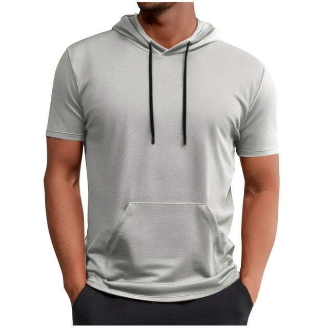 Blusa de Manga Corta Color Sólido con Capucha Cordón, Deportes de Bolsillo de los Hombres Poliéster Casual Superior