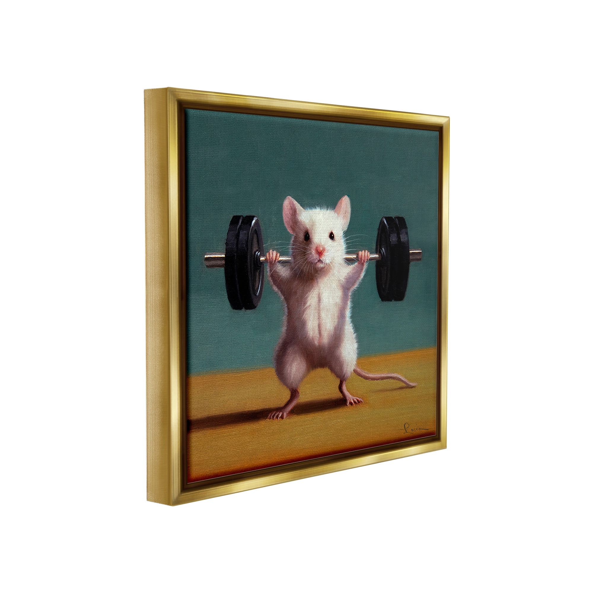Stupell Industries Weight Lifting Mouse Animals & Insects Painting Gold Floater Framed Canvas Art Print Wall Art, 18 x 18