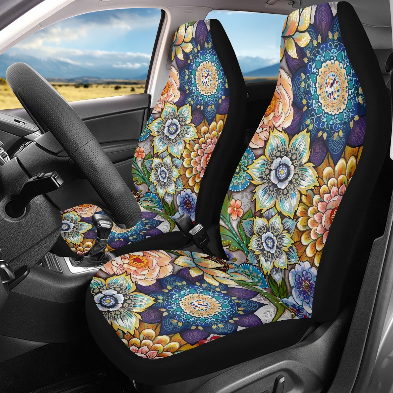 Xoenoiee Boho Mandala Flowers Pattern 2 Piece Car Seat Cover for Women Men, Breathable Car Seat Covers Universal Fit Soft Auto Bucket Seat Protector Seat Covers