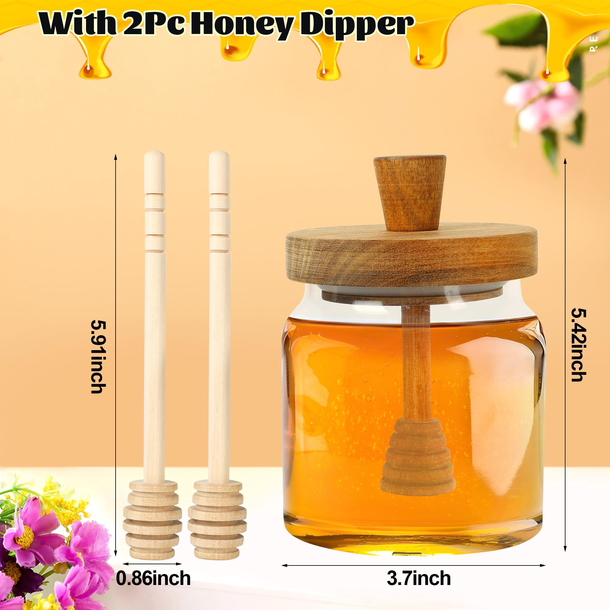 Honey Pot with Dipper and Lid - 18oz Glass Honey Jar with Wooden Honey Dippers Stick Set, Wide Mouth Honey Containers - Airtight Syrup Dispenser for Home Kitchen