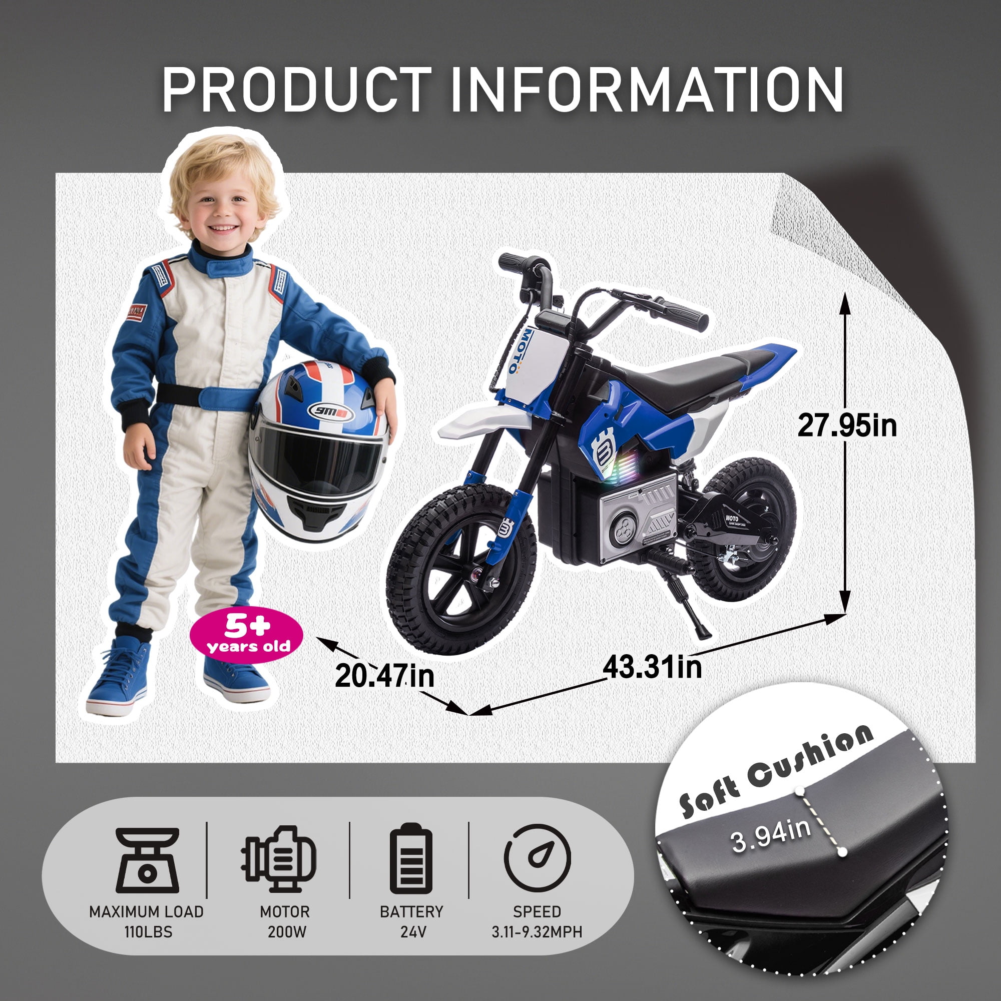 Okybaby 24V Kids Ride On Electric Dirt Bike, 200W High Speed Hub Electric Motorcycle, Max Speed 10MPH, Rear Spring Suspension, Kids Motorbike with Bluetooth&Horn For Kids Aged 5-15,Blue