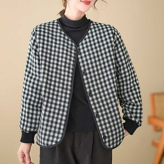 Ailaofu Women's Plus Size Houndstooth Open Front Long Sleeve Jacket Outerwear
