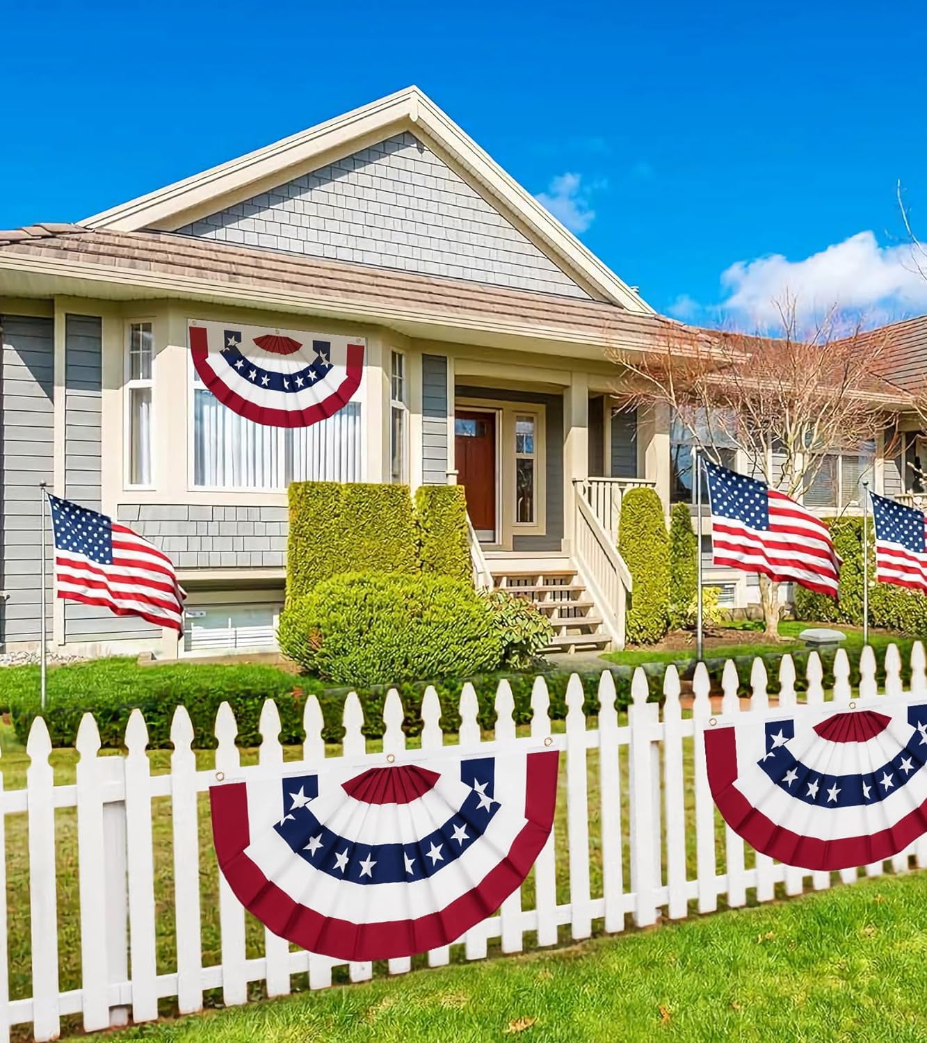 1.5x3 Ft American Flag Bunting Flags Outdoor, 6 Pack Patriotic Bunting Outdoor Red White and Blue Bunting, USA Pleated Fan Flag Half Fan Banner for Outside Home 4th of July Decorations