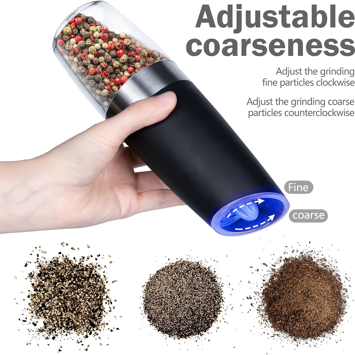 Electric Salt And Pepper Grinder Set, 3.72oz Larger Automatic Salt And Pepper Mill Grinder with 6 Adjustable Coarseness, Electric Salt And Pepper Shakers, LED, 1/2 Packs, Black