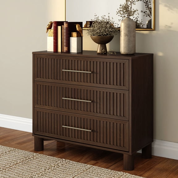 Sera Fluted 3 Drawer Dresser with Brass Handle, Walnut