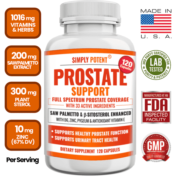 Simply Potent Prostate Support Supplement for Men, 120 Capsules – Enhanced Formula with Saw Palmetto, Beta-Sitosterol, Zinc, Pygeum