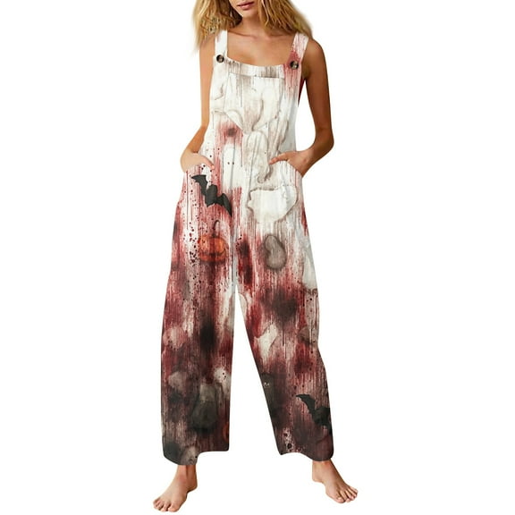 WTOBBY Women's Casual Sleeveless Jumpsuit in Cotton with Halloween Printed Design, Lightweight and Breathable for Everyday Comfort, Perfect for Warm Weather,Deep RedL
