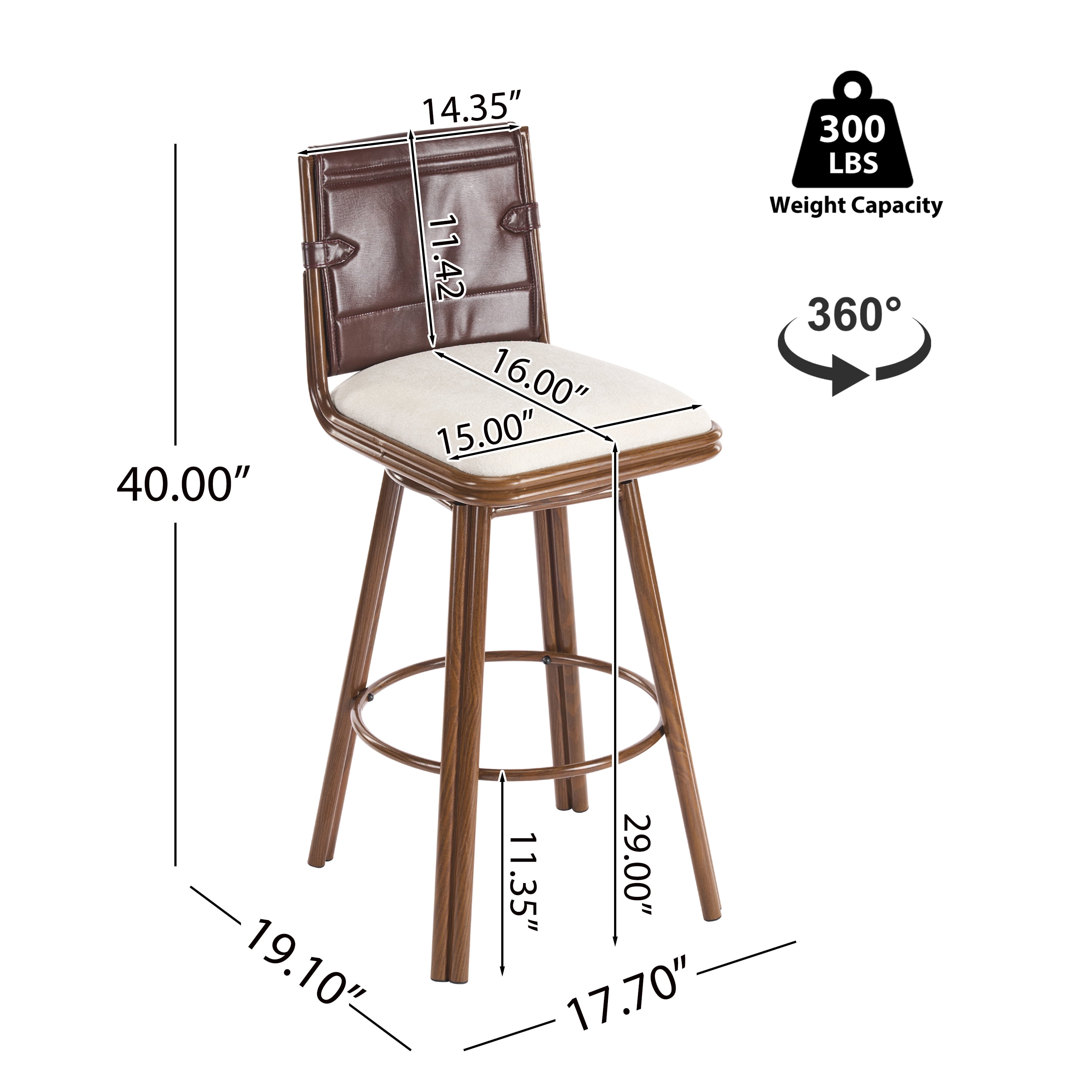 Counter Height Swivel Stools, 360-Degree Rotating Bar Stools with Beige Fabric Seat and Walnut Finish Iron Frame, Adjustable Height Stools for Kitchen Island, Game Room, Office, Set of 2