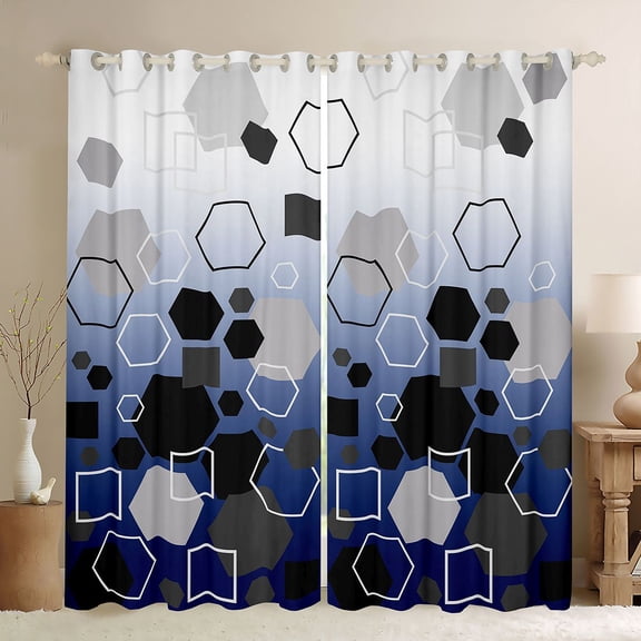 Erosebridal Abstract Honeycomb Hexagon Black Out Curtains,Gradient Minimalist Geometric Square Curtains Pack of 2 (42x63 Each) For Teens Boys Girls,Black Blue