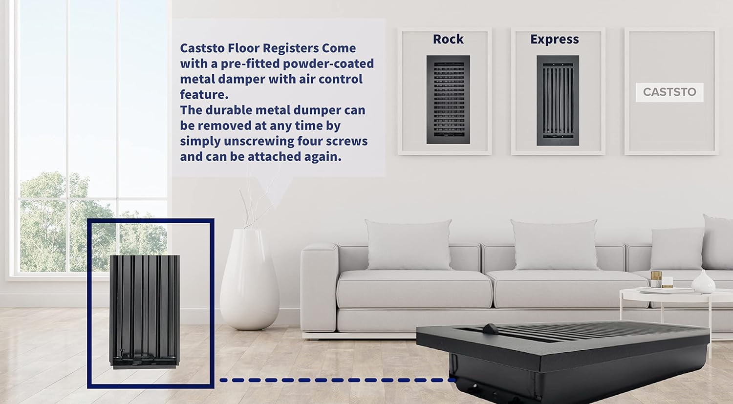 Caststo Express Floor Register, 4"x10" Duct, 6"x12" Overall, Black, Aluminum