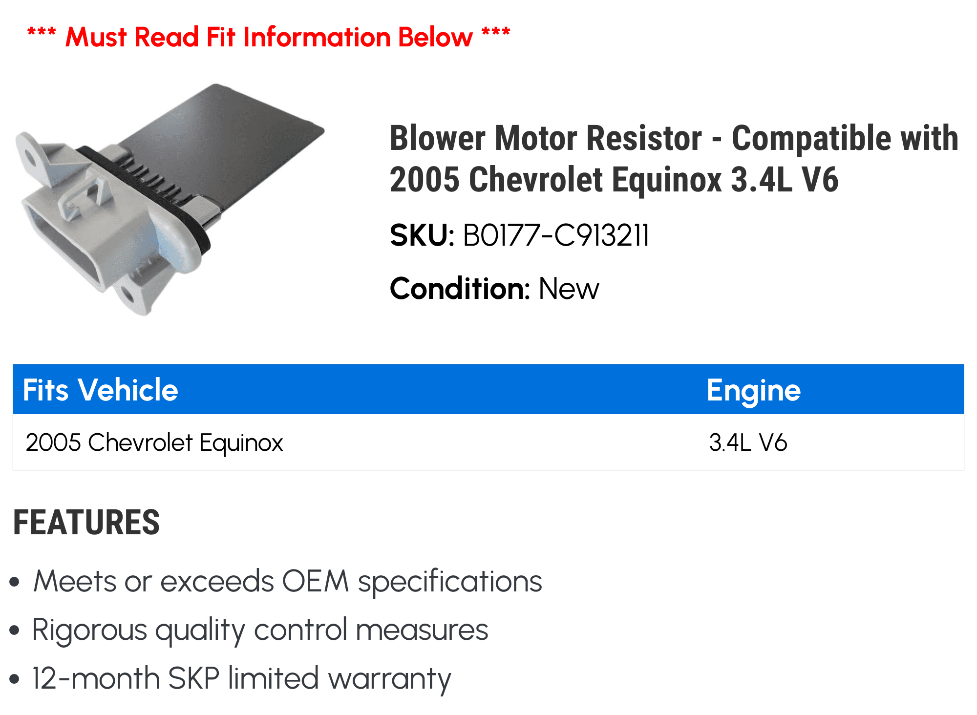 Blower Motor Resistor - Compatible with 2005 Chevy Equinox 3.4L V6