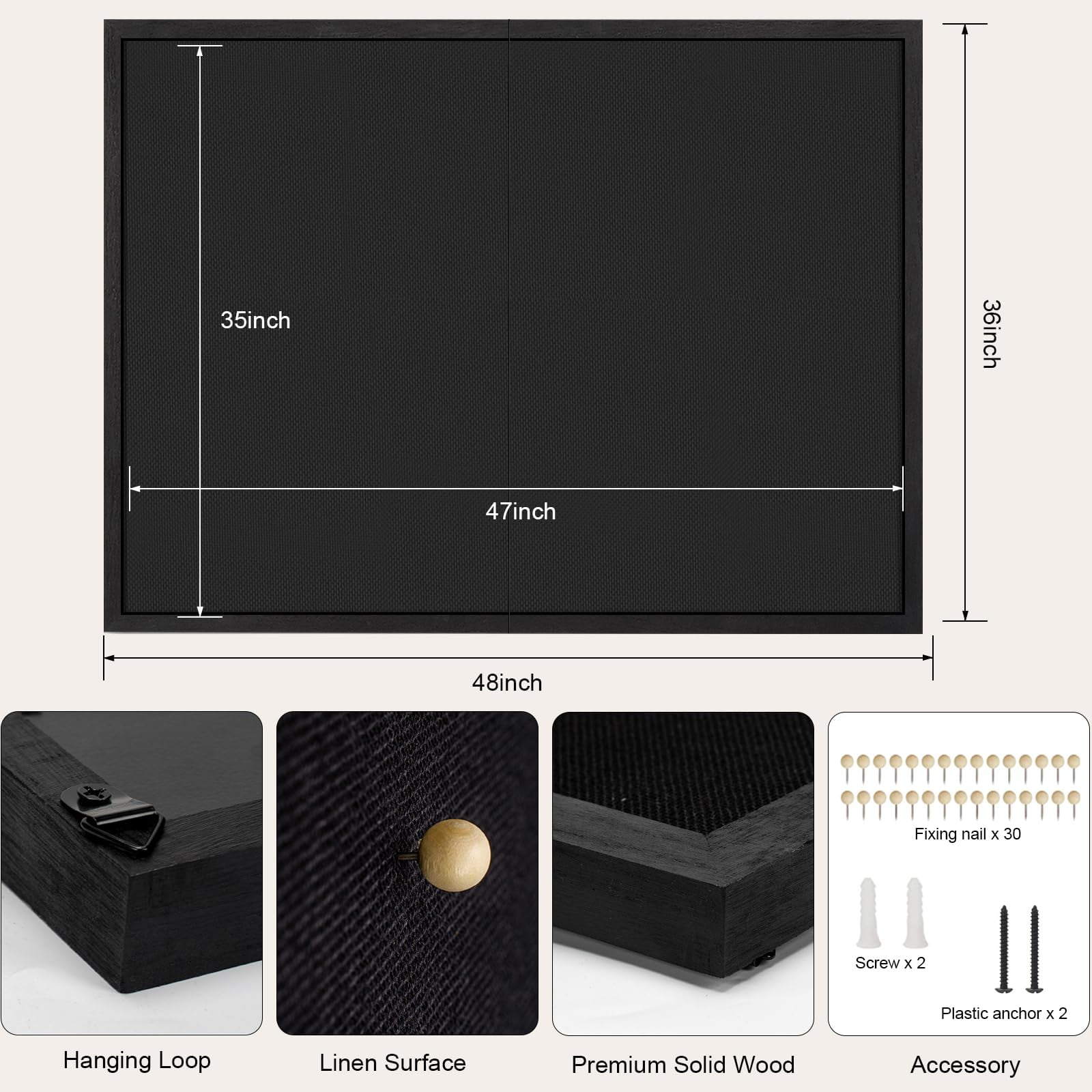 Large Bulletin Board 48x36 inch with Linen Cork Boards Wall Decor Hanging Pin Wood Framed Display Bulletin Cork Photo Picture Board Light for Room School Office 30-Pushpin Black