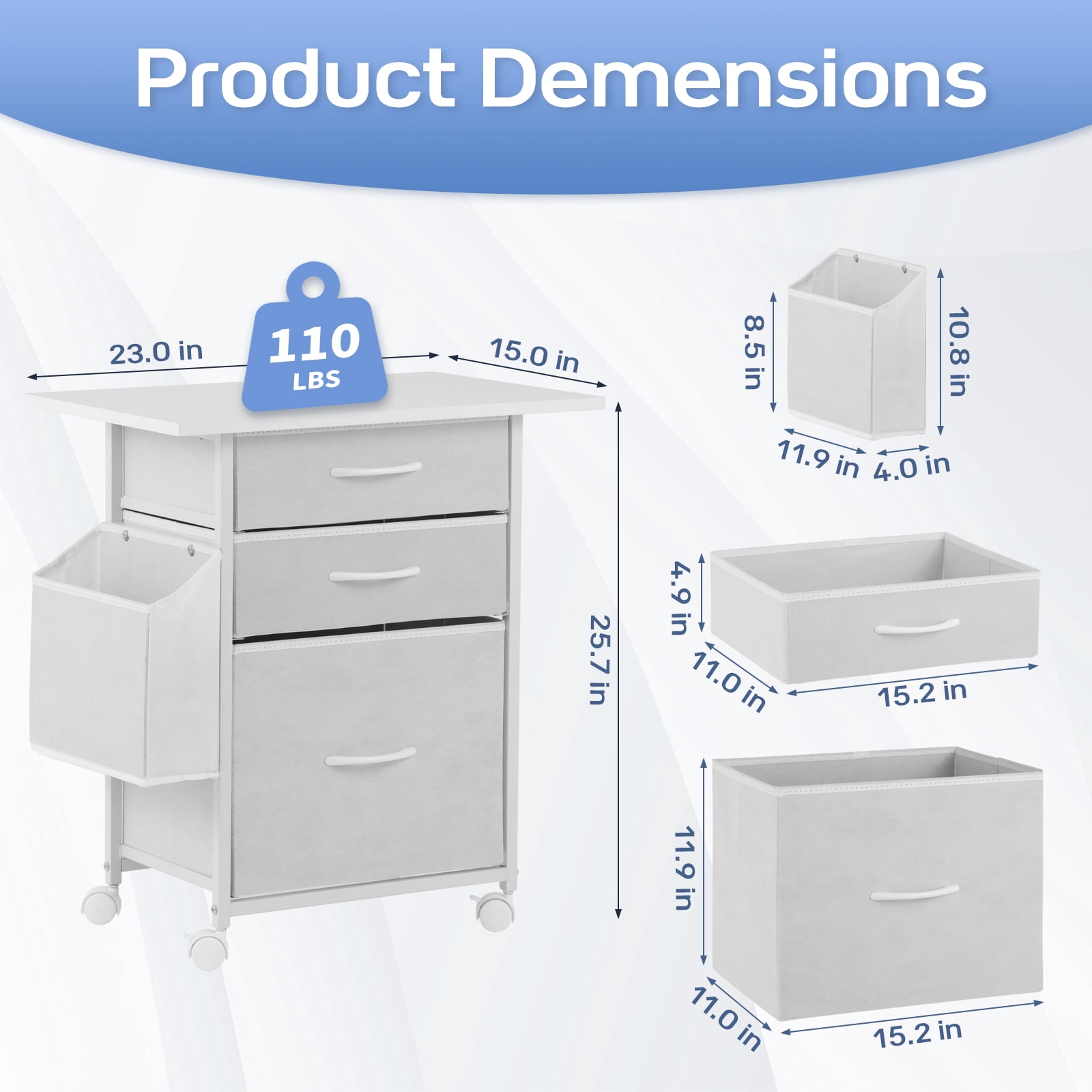 KATHY&BOB Printer Stand with 3 Fabric Drawers, Mobile File Cabinet, Desk Table Cabinet Fits A4 Letter Size, Home Office Furniture, White