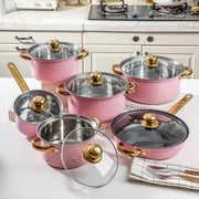 12-piece Stainless Steel Pots and Pans Set (Advanced Gold). This kitchen cookware set features stay-cool handles, is dishwasher safe, and compatible with induction, electric, and gas cooktops—ideal f