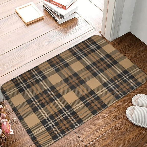 Front Door Mat Indoor Outdoor Outside Entrance - 16*24in Washable Khaki Coffee Plaid Thin Bathroom Rugs Fit Under Door, Bath Rugs for Bathroom, Kitchen Rugs Mats for Floor