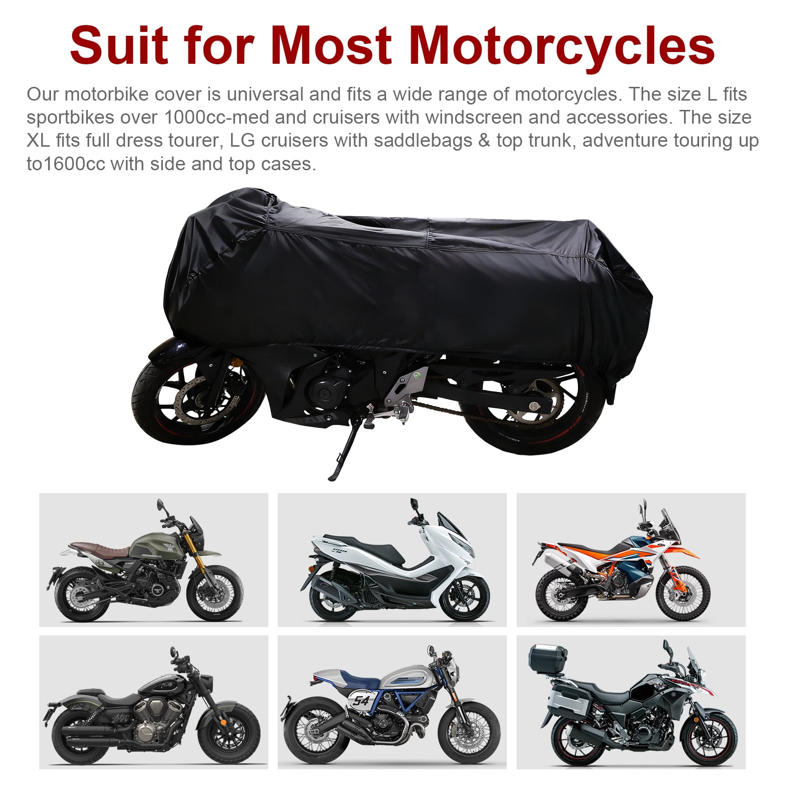 Dream Apparel Motorcycle Half Cover, Waterproof Motorcycle Cover for Outdoor, Rain Snow Dust Protection Universal Fit Heavy Duty Motorbike Vehicle Cover with Storage Bag, Black L
