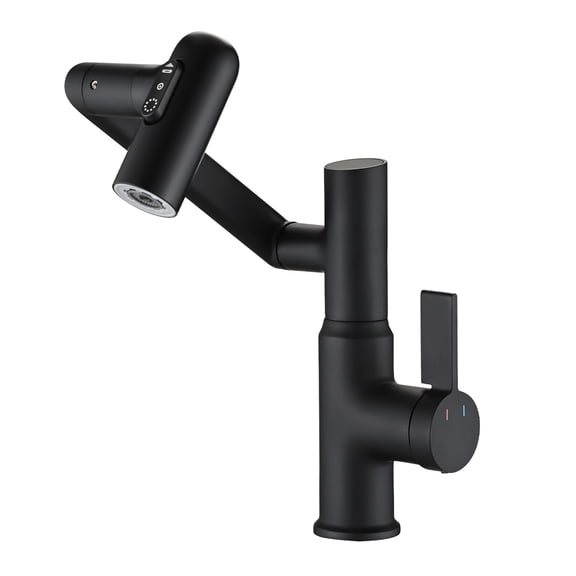 JERFIT Modern Bathroom Sink Faucet with Digital Temperature Display, Pull Down Sprayer, 360° Swivel Spout in Matte Black - Single Hole Installation