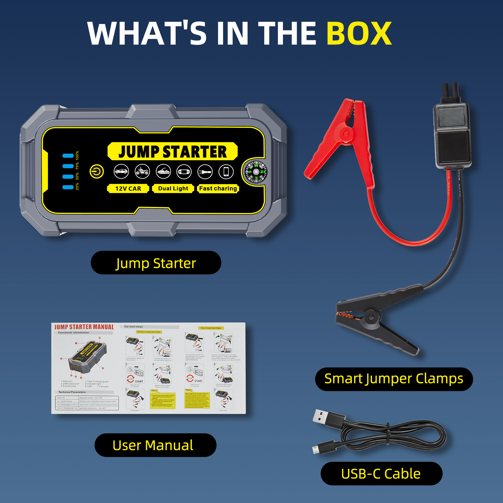 Panpaddle 4000A Car Jump Starter, 37000mWH Portable Power Bank for 12V Gas/Diesel Engines, with LED Light, Compass & Quick-Charge
