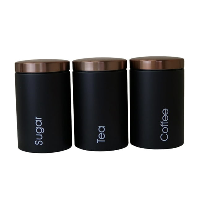 3xTea Café Azúcar Botes Cocina Oficina Alimentos Tuercas Almacenamiento Tarros Ollas Negro SM SunniMix Recipiente de almacenamiento de cocina