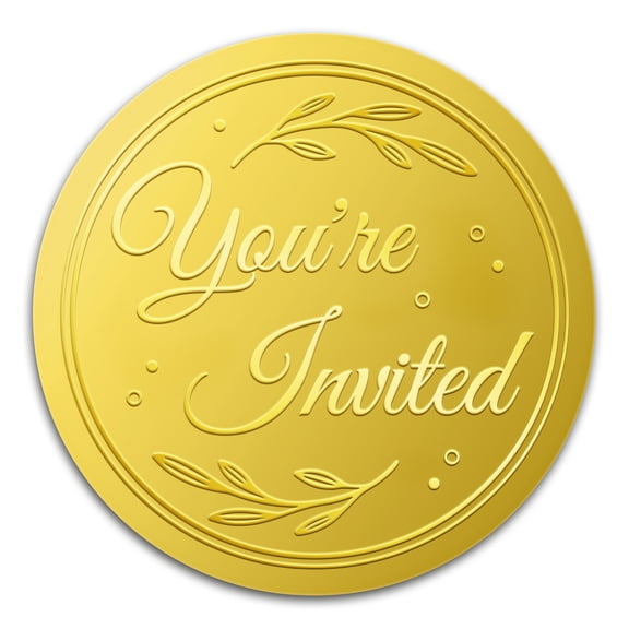 100Pcs You're Invited Gold Foil Stickers 2 Inch Wedding Invitations Embossed Envelopes Seals Round Self Adhesive Certificate Seal Labels for DIY