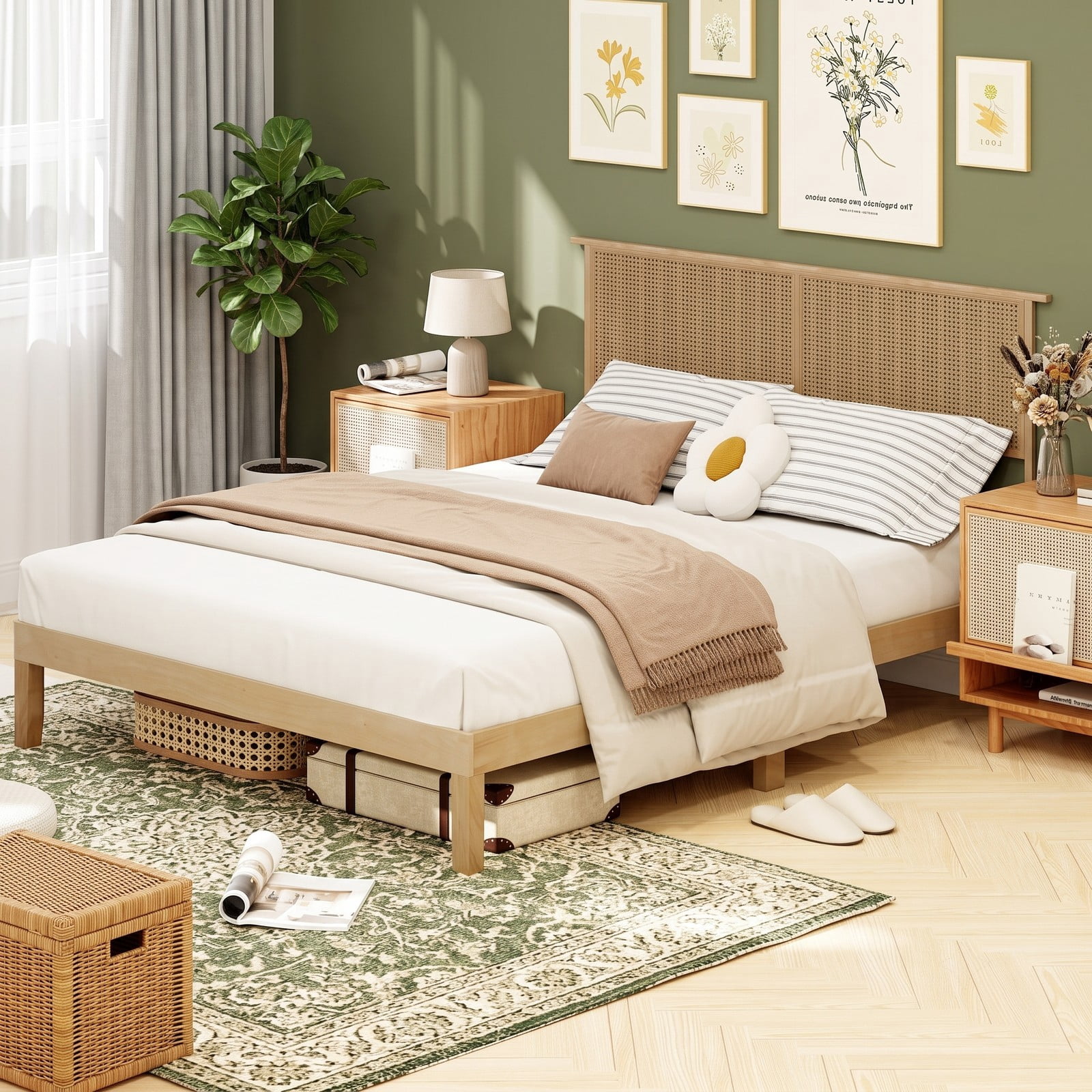 Furnibear Queen Bed Frame with Headboard, Wood Platform Bed Frame with Boho Rattan Headboard and Slat Support, No Box Spring, Natural