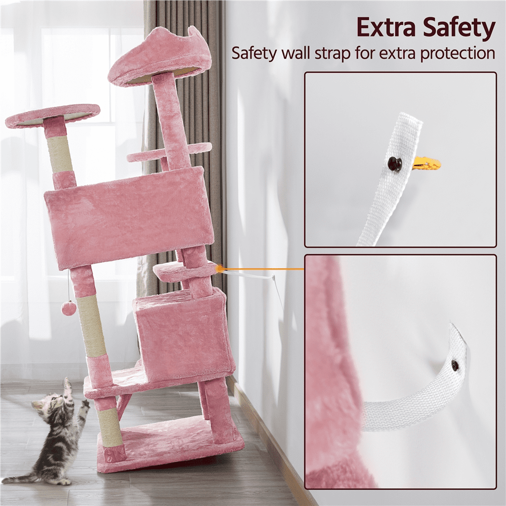 Alden Design 54.5" H Double Condo Cat Tree with Scratching Post Tower, Pink