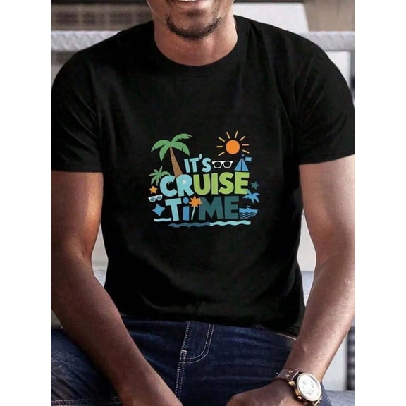 Men's Cruise Black T - Shirt, "It's Cruise Time" Vacation Graphic Print, Casual Round - Neck Short - Sleeve For Traveler & Daily Outings