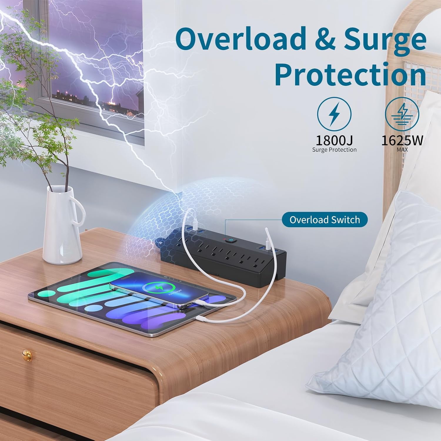 Desk Clamp with 40W Fast Charging Station, 10FT Flat Plug Desk Mount Surge Protector, Removable Extension Cord with 2 USB-C Ports 6 Outlets, Fits 1.8" Tabletop Edge