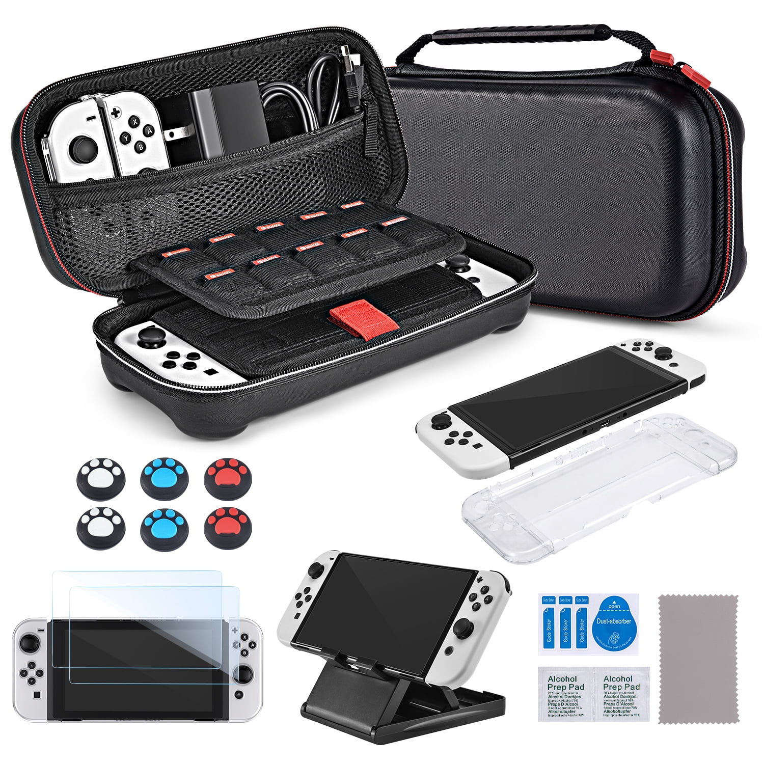 Younik Nintendo Switch OLED Accessories, 13 in 1 Switch OLED Model 2021 Carry Case Kit With Console Clear Cover /J-Con PC Case /2 Pieces of Screen Protector /Thumb Grip Caps /Adjustable Stand