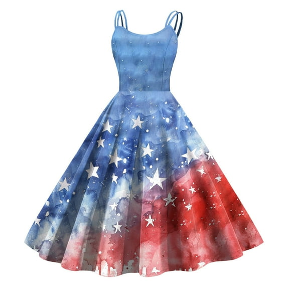 GEWSEY 4th of July Dress for Women Sleeveless American Flag Patriotic Elastic High Waist Sundress (Light Blue, S)