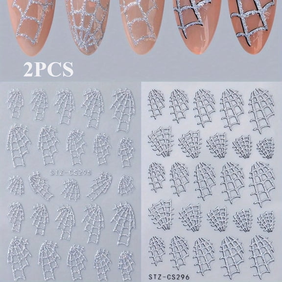 2 Pcs Reusable Glitter Spider Web Nail Art Stickers Self-Adhesive Halloween Nail Wraps