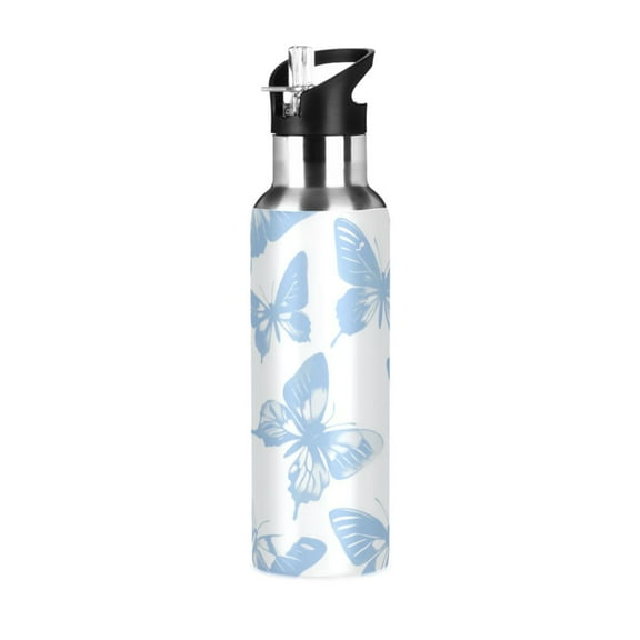 Yayeee 20oz Double Wall Stainless Steel Water Bottle with Flip Straw, Blue Butterfly