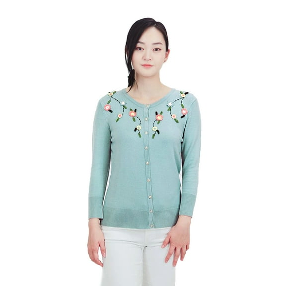 Aqua Green Crew Neck Button Up Cardigan Sweater w Crocheted Flowers - Medium