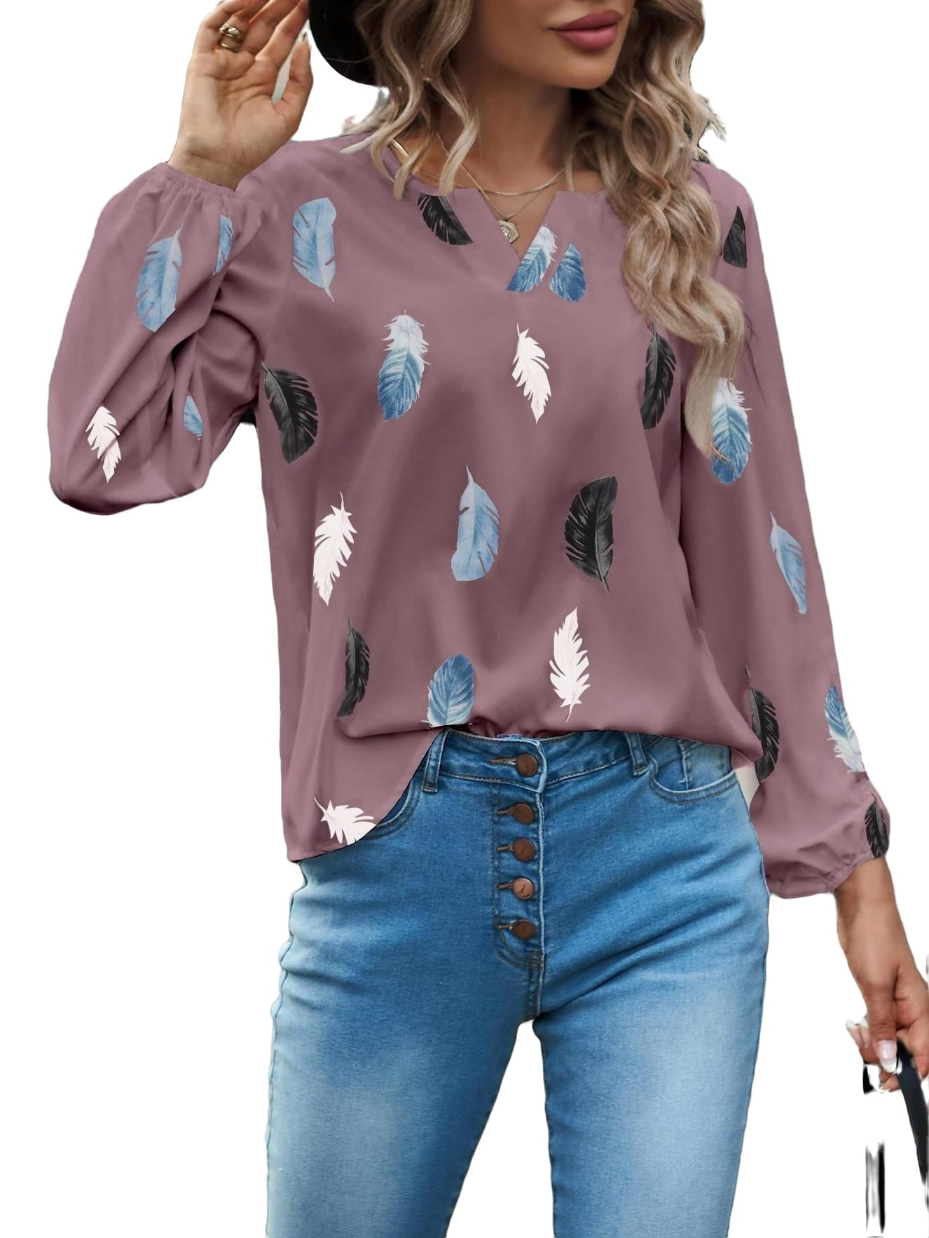 Casual Notched Neck Top Long Sleeve Mauve Purple Women Blouses (Women's